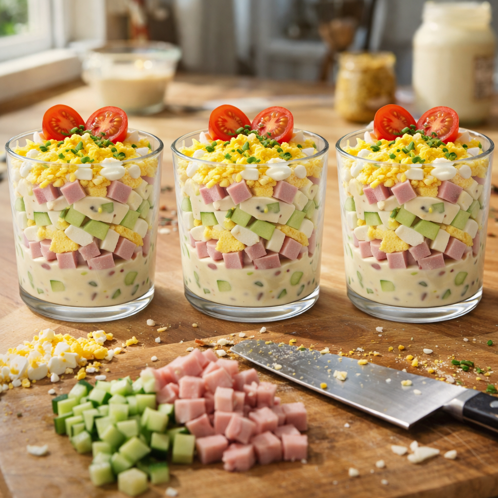 Verrines salées façon mimosa au jambon et œuf