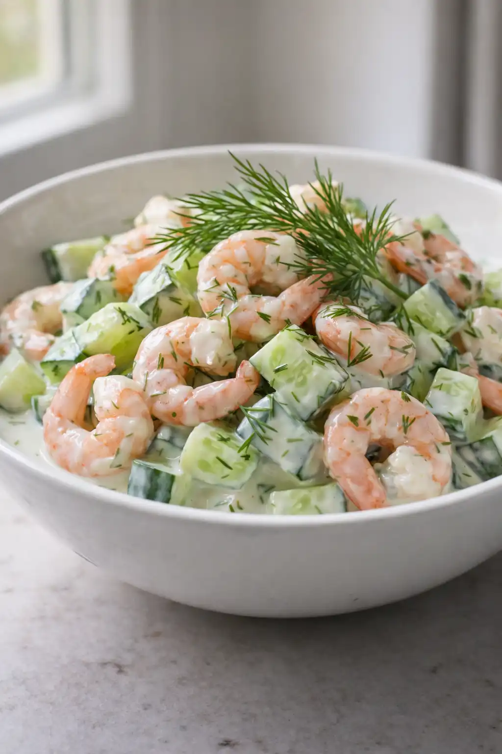 Salade crémeuse de concombre et crevettes