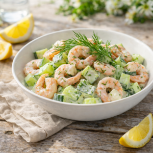 Salade crémeuse de concombre et crevettes