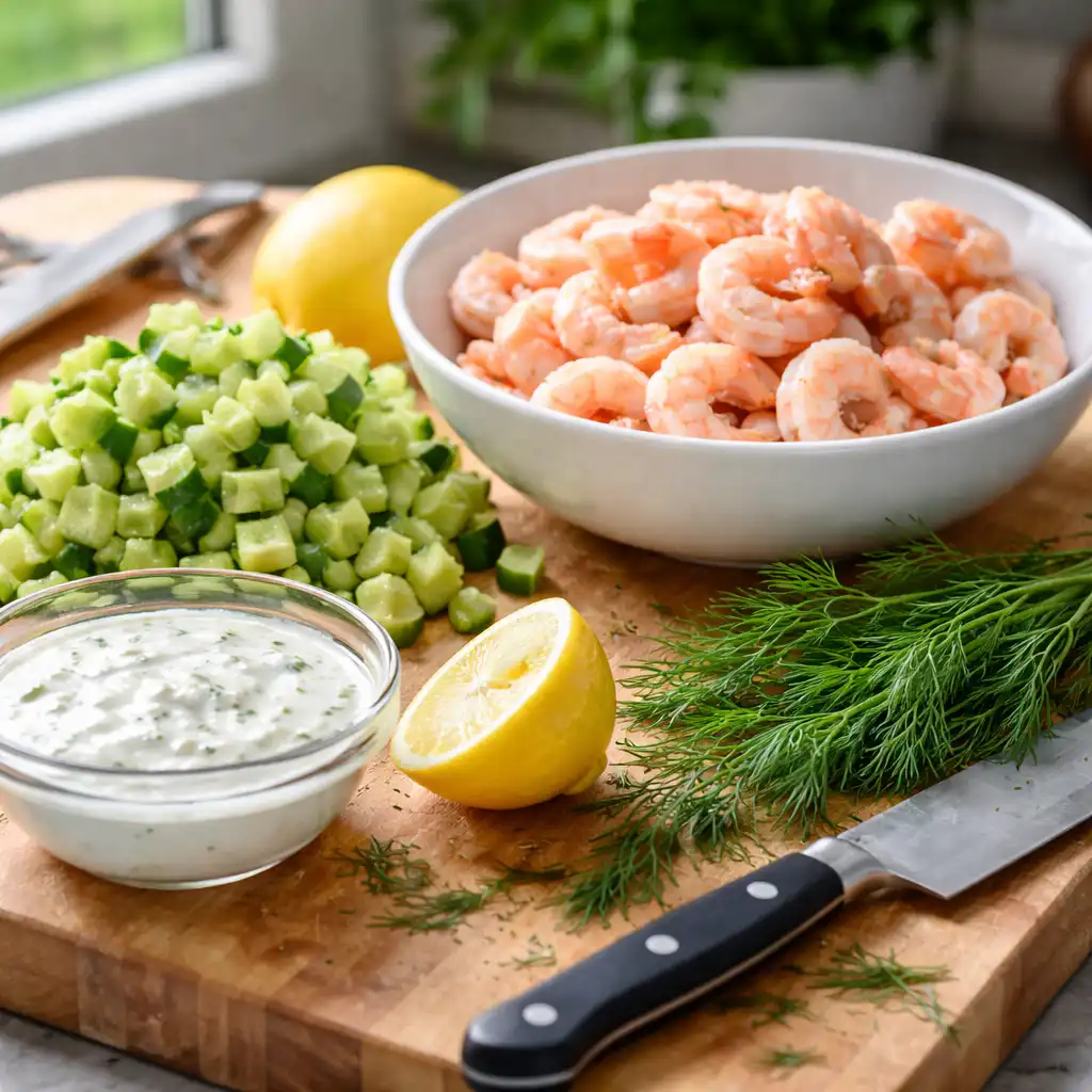 A close-up of a refreshing cucumber and shrimp salad served in a simple white bowl, highlighting the vibrant colors of thinly sliced cucumbers and plump shrimp mixed with a creamy sauce. The background features a cozy kitchen setting with warm, natural light illuminating the scene, creating a homey atmosphere. Include fresh garnishes like dill and lemon slices scattered around the bowl for added texture and contrast. The salad appears inviting and appetizing, emphasizing its freshness and lightness, with authentic textures visible in the vegetables and shrimp. Capture this ultra-realistic homemade food photo with a soft focus on the background, ensuring the salad is the star of the image. Salade crémeuse de concombre et crevettes