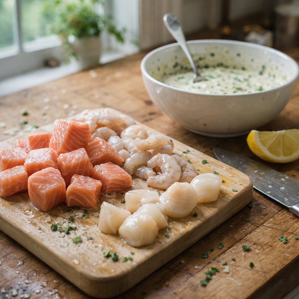 Terrine de Saint-Jacques, saumon et crevettes à la crème citronnée