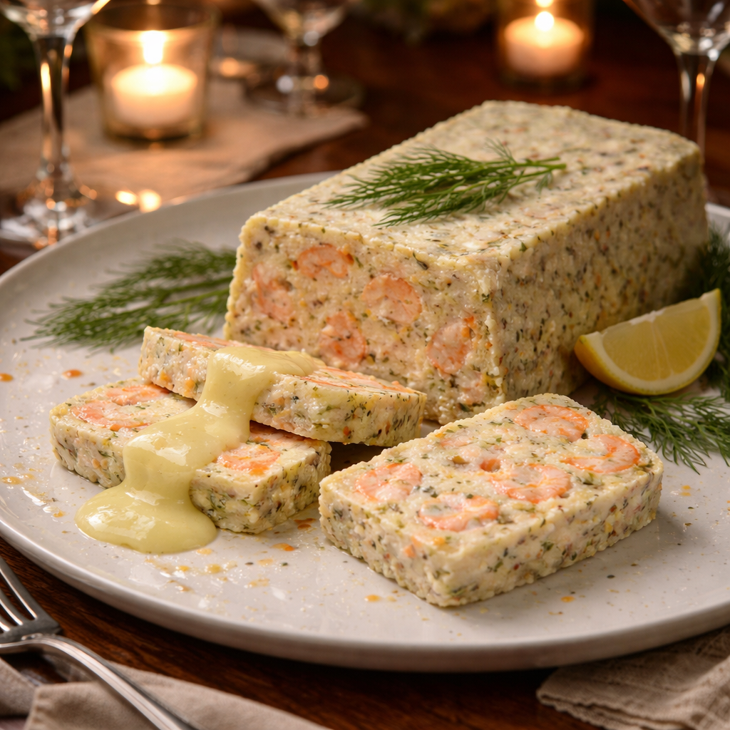 Terrine de Saint-Jacques, saumon et crevettes à la crème citronnée