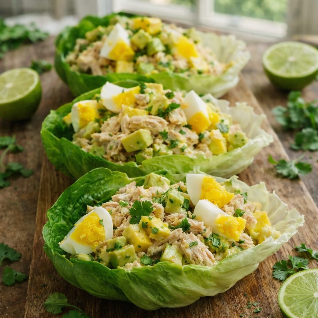 Coupelles de laitue à l’avocat, œufs durs et thon émietté