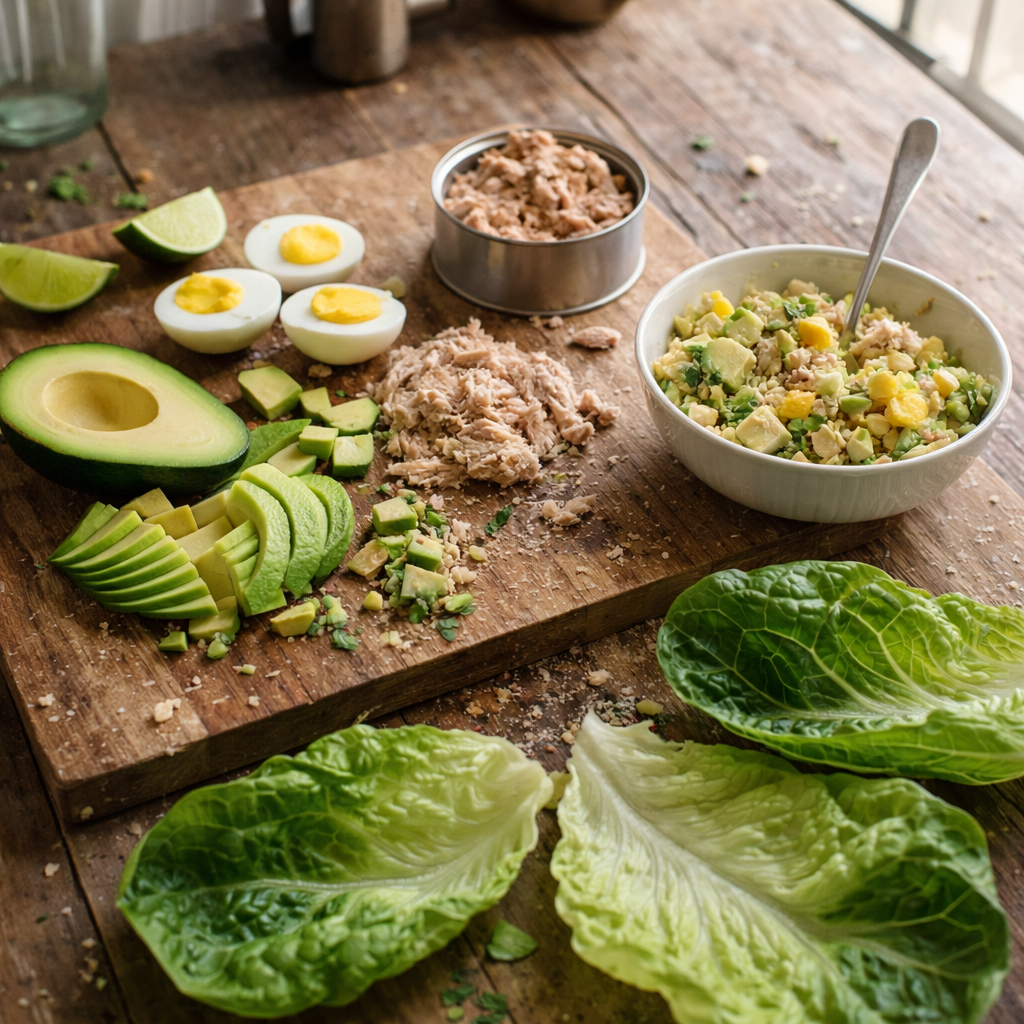 Coupelles de laitue à l’avocat, œufs durs et thon émietté