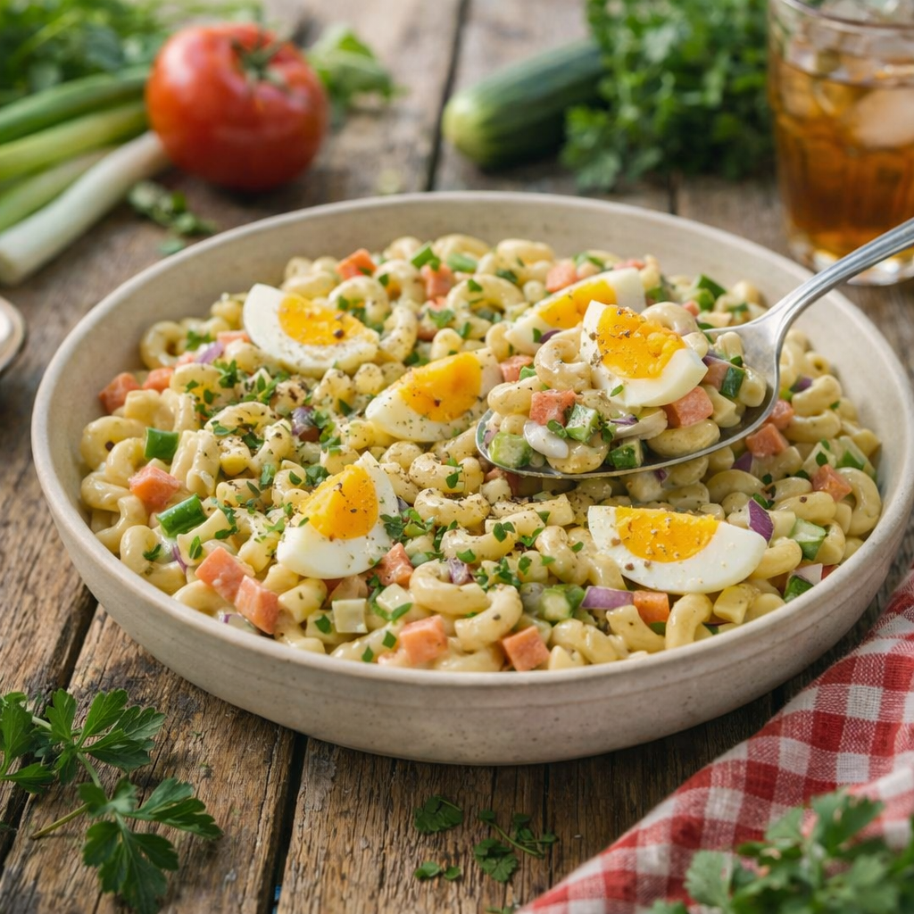 Salade de macaroni aux œufs à la coque