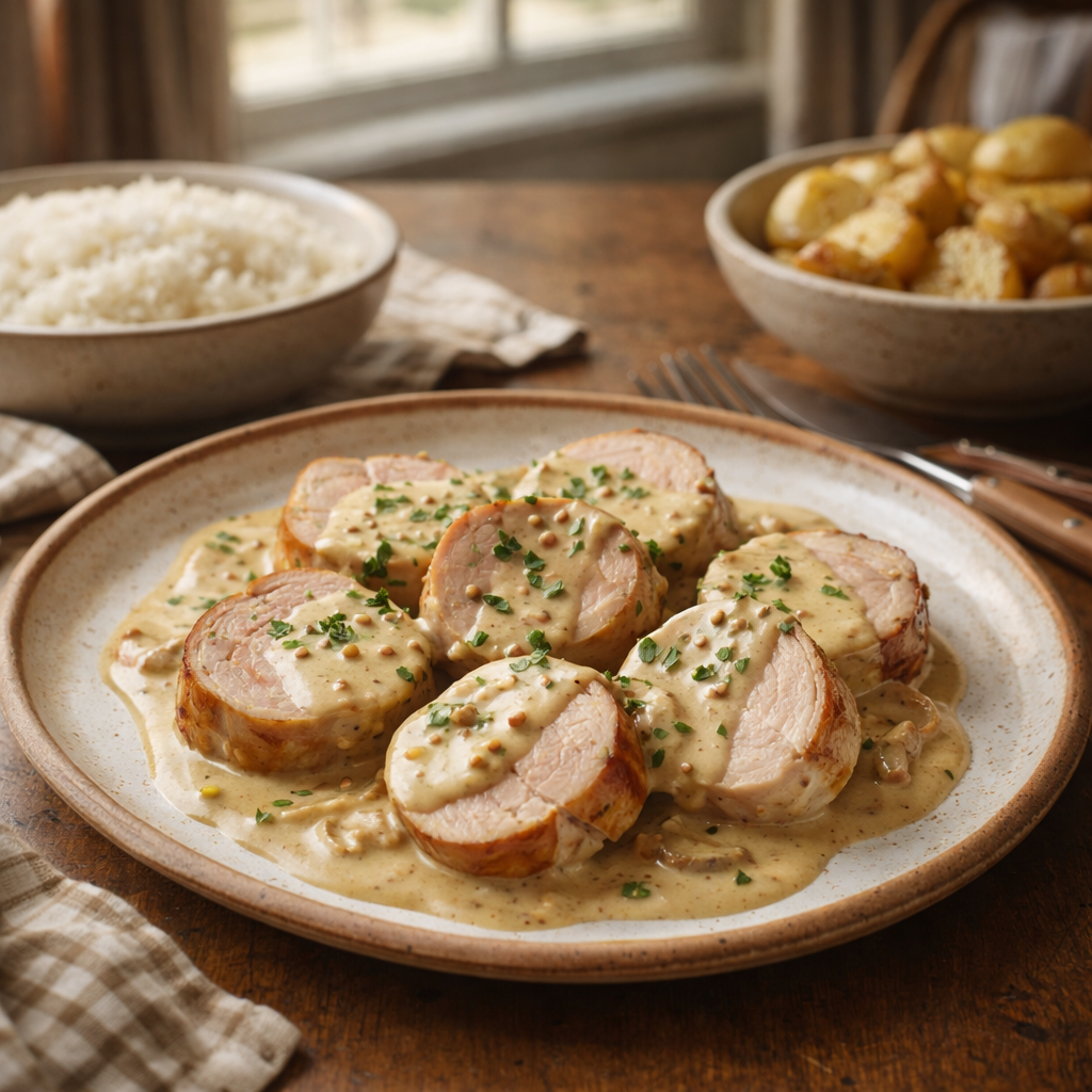 Filet mignon de porc à la moutarde et crème
