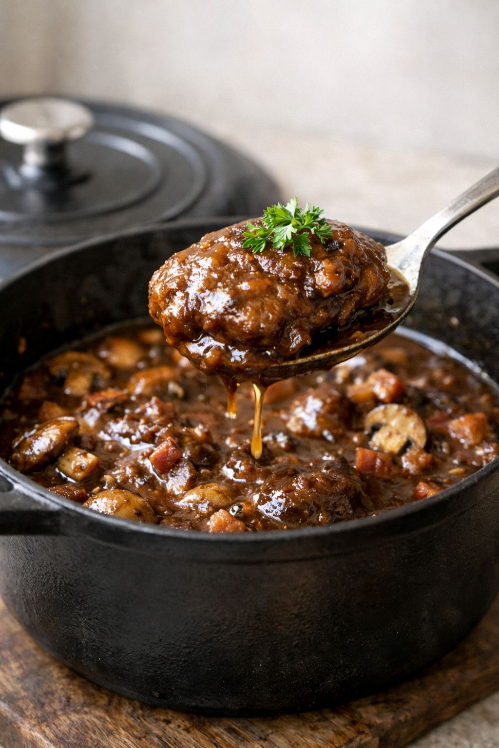 Joues de porc confites aux champignons et vin blanc