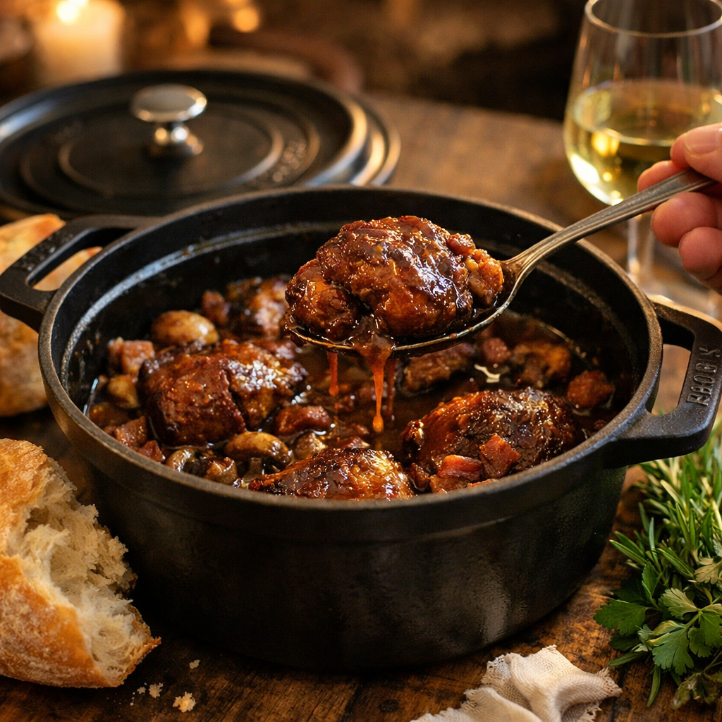Joues de porc confites aux champignons et vin blanc