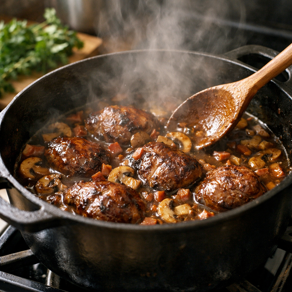 Joues de porc confites aux champignons et vin blanc