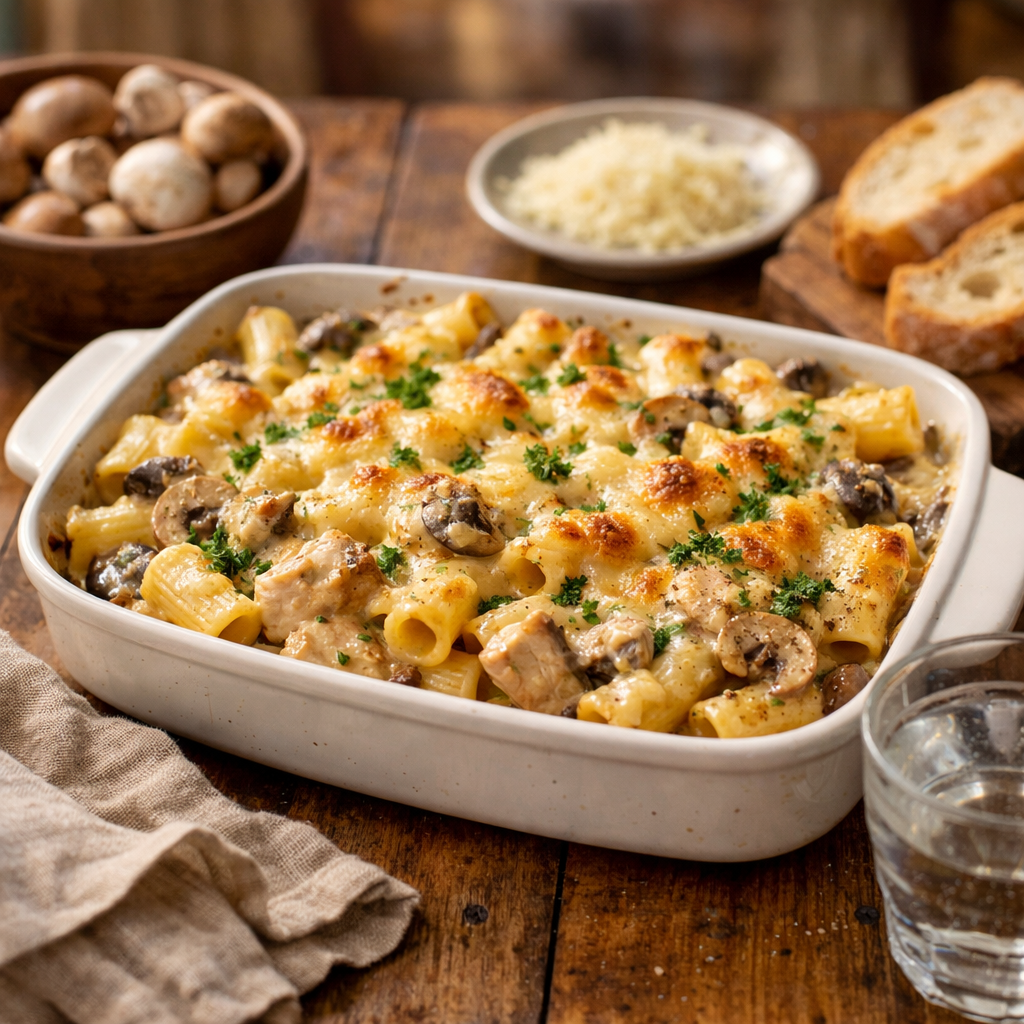 Gratin de Pâtes aux Champignons et Poulet