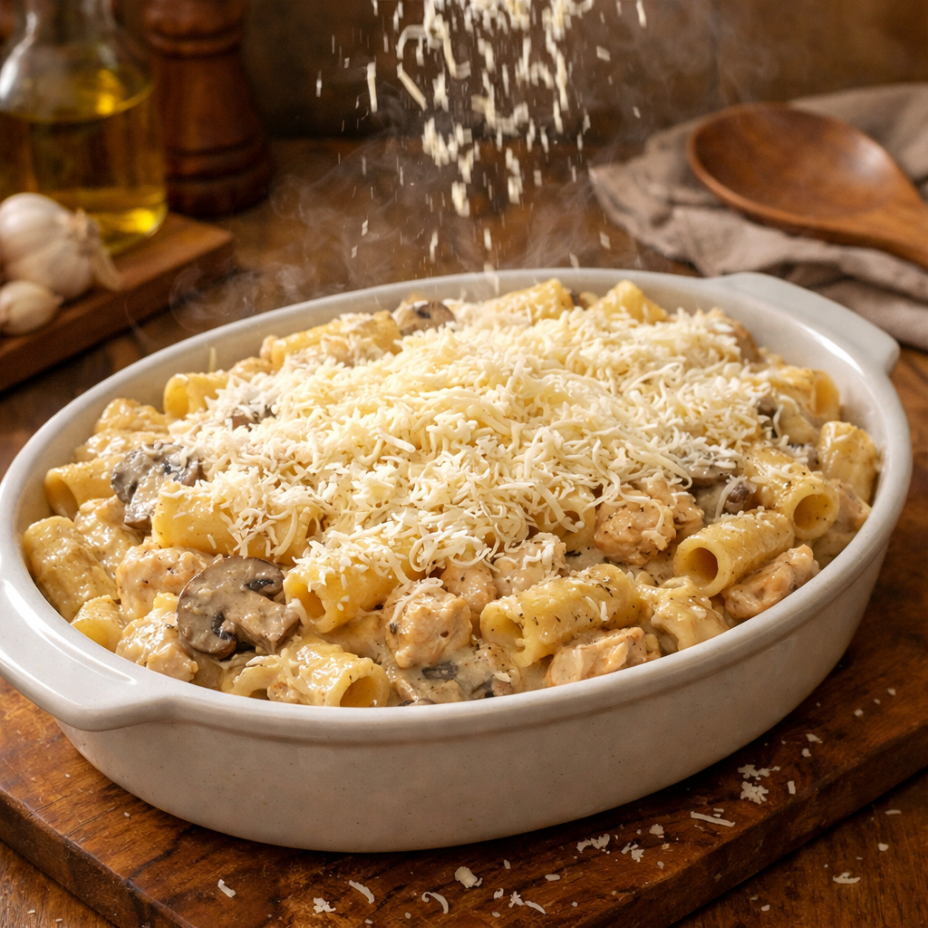 Gratin de Pâtes aux Champignons et Poulet