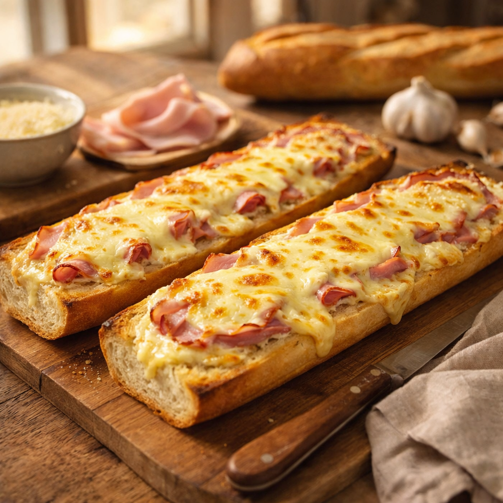 Baguette gratinée à la crème fraîche, fromage et jambon