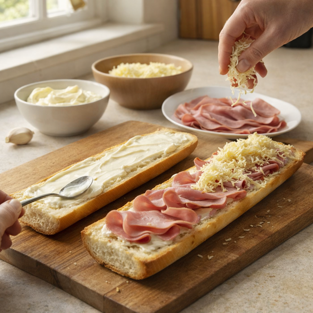 Baguette gratinée à la crème fraîche, fromage et jambon