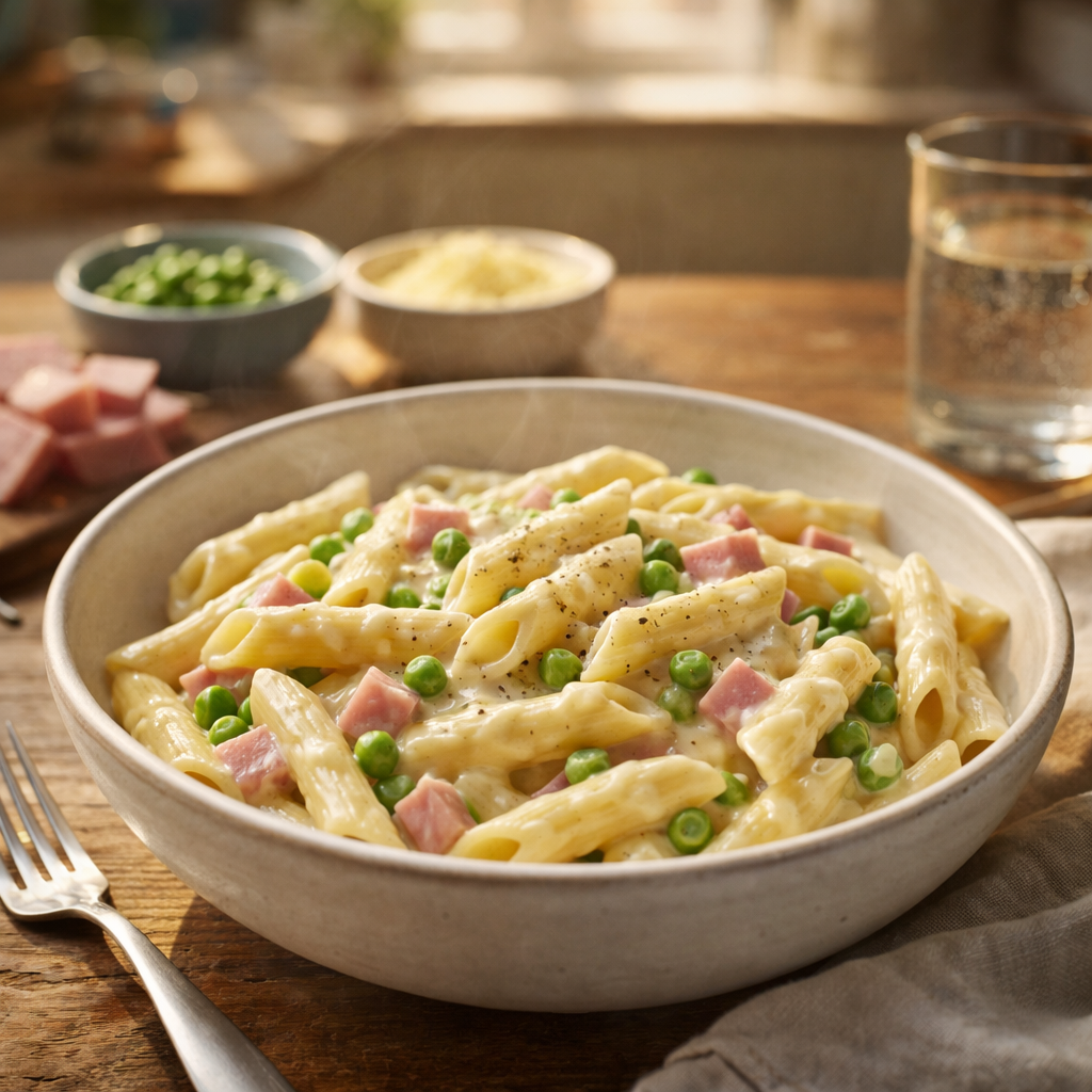 Pâtes crémeuses au jambon et petits pois