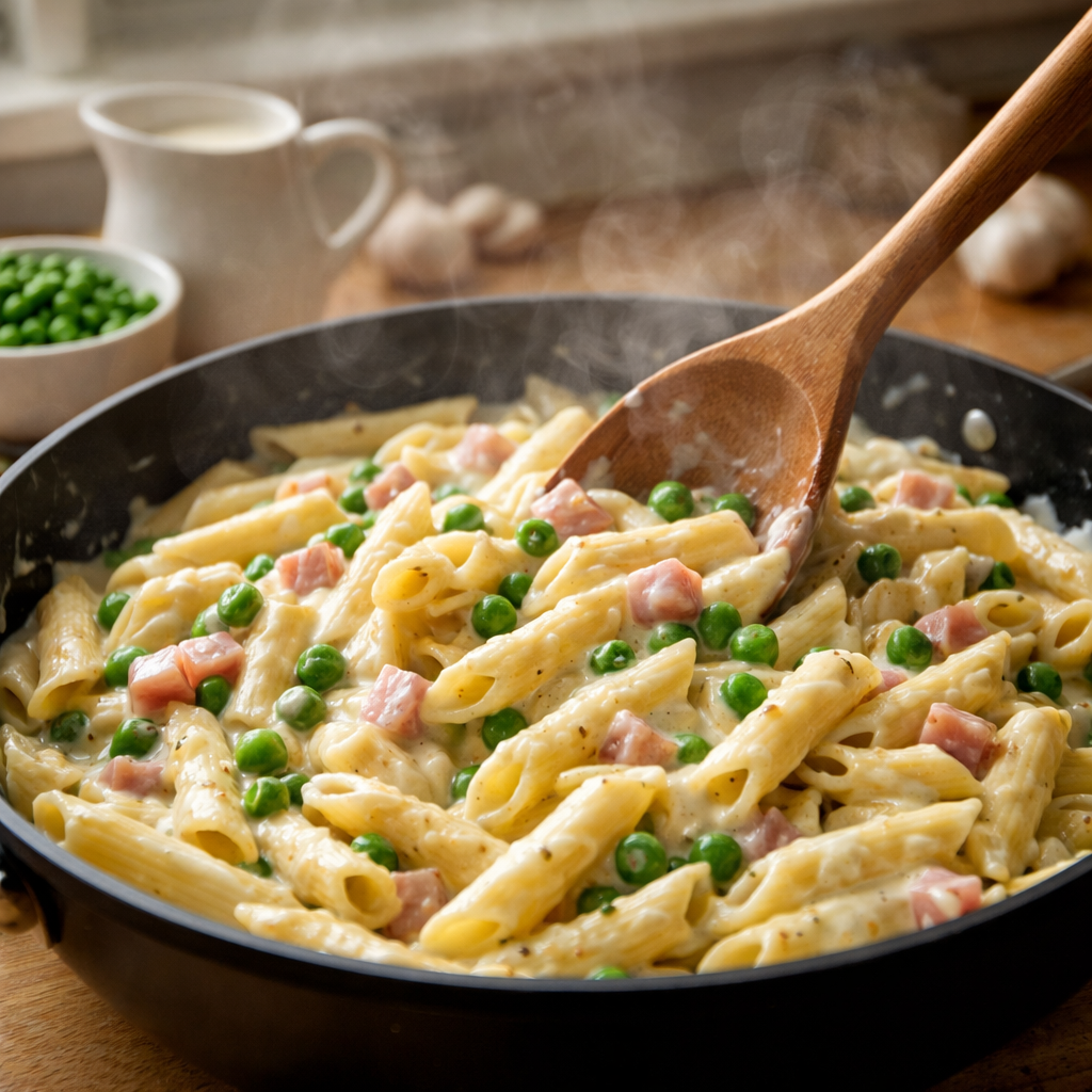Pâtes crémeuses au jambon et petits pois