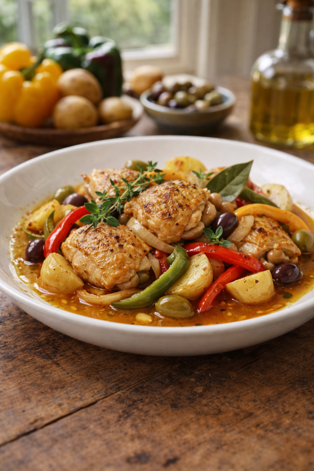 Poulet aux poivrons pommes de terre oignons et olives