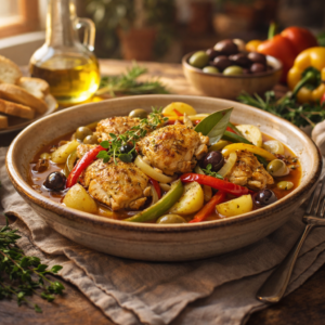 Poulet aux poivrons pommes de terre oignons et olives