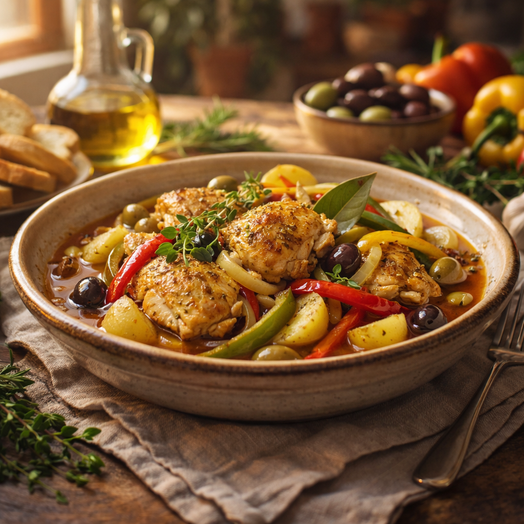 Poulet aux poivrons pommes de terre oignons et olives