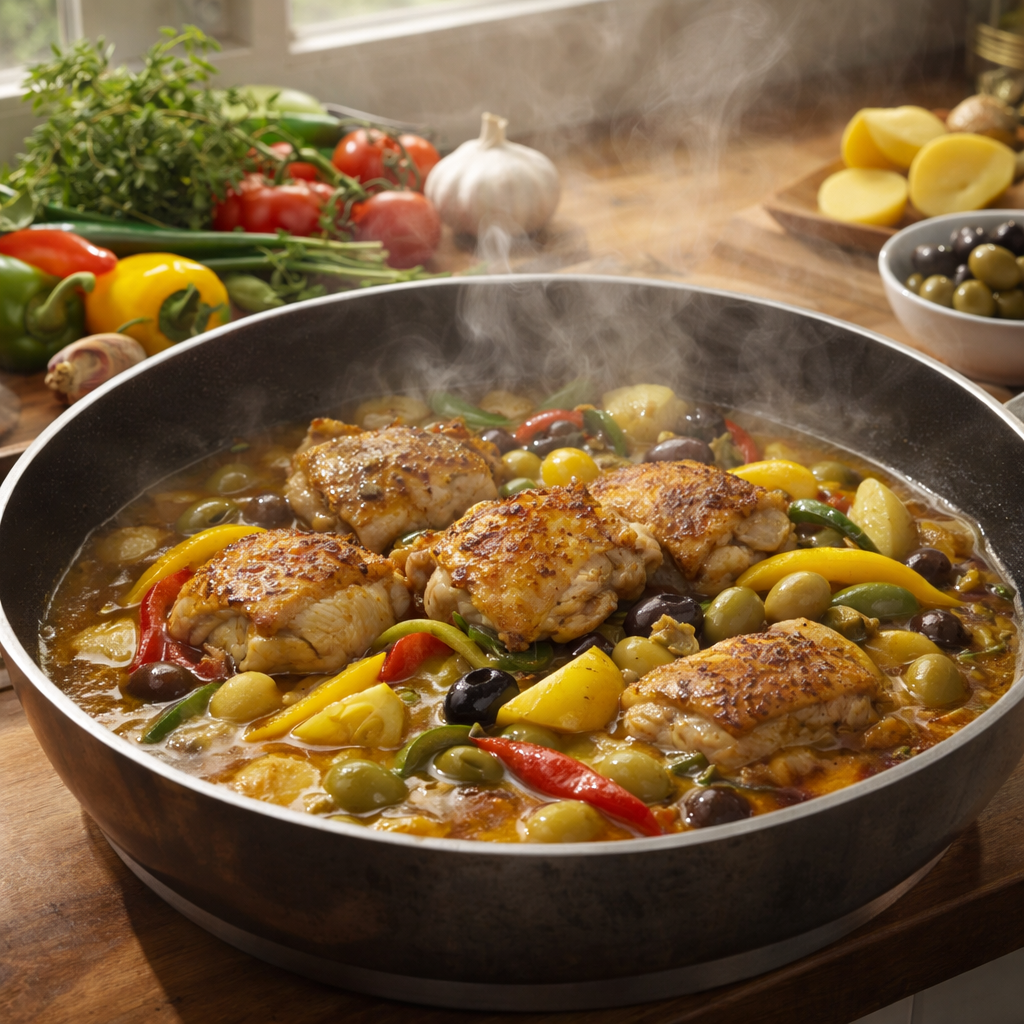 Poulet aux poivrons pommes de terre oignons et olives