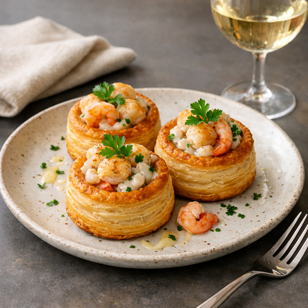 Vol-au-vent aux Saint-Jacques et crevettes