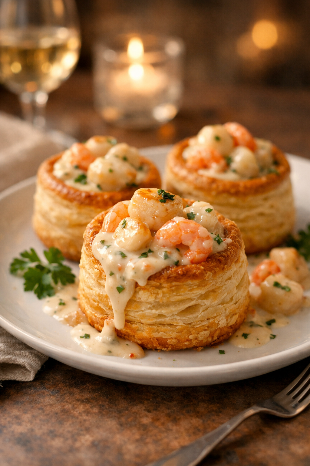 Vol-au-vent aux Saint-Jacques et crevettes