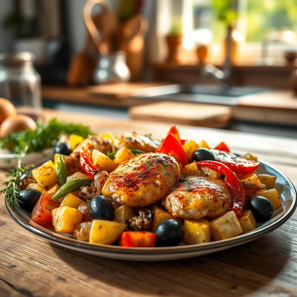 A beautifully arranged plate of Mediterranean cuisine featuring a colorful mix of chicken breasts sautéed with vibrant bell peppers, golden roasted potatoes, sweet caramelized onions, and plump black olives. The scene is set in a cozy kitchen with warm, natural light streaming in from a nearby window, accentuating the authentic textures of the ingredients. The foreground showcases the vibrant colors of the dish, while the middle layer includes a rustic wooden table and some sprigs of fresh herbs. In the background, blurred kitchen utensils hint at a charming homemade atmosphere. The overall mood is inviting and warm, embodying the art of Mediterranean cooking at home, encouraging viewers to savor the flavors and joy of this nutritious meal.