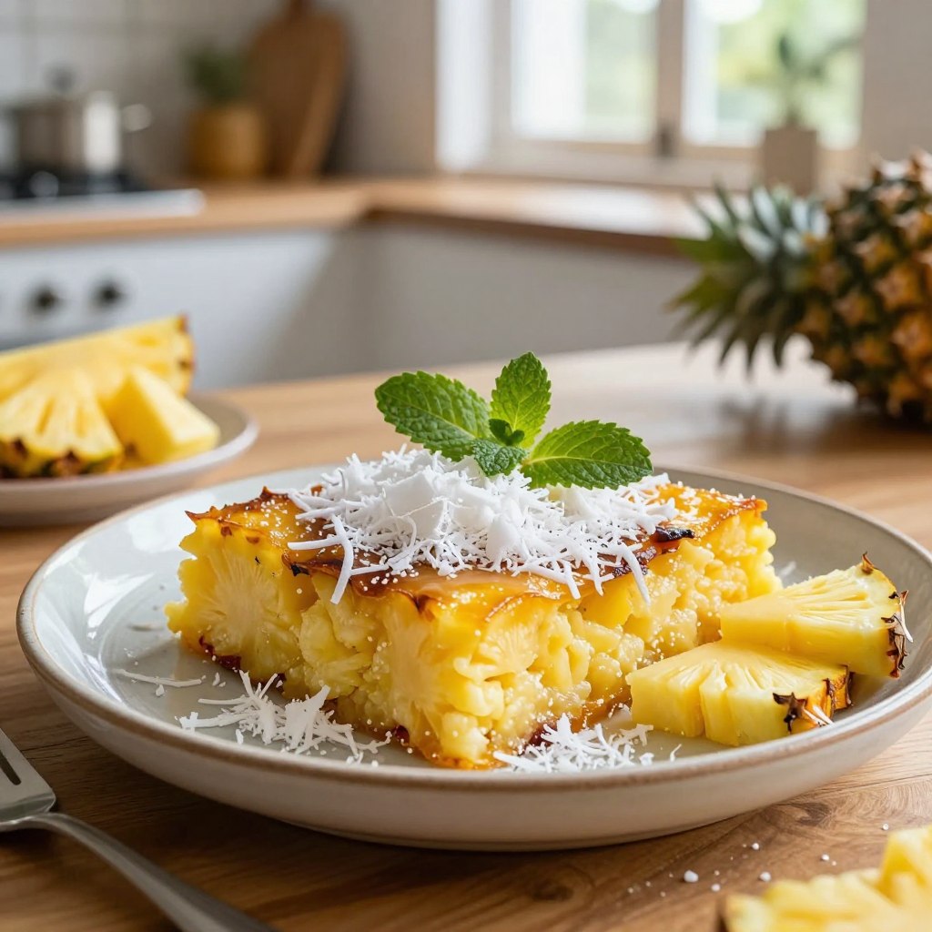 A beautifully styled close-up of a tropical dessert featuring Clafoutis made with ripe pineapple and shredded coconut, presented on a handcrafted ceramic plate. The dessert is garnished with fresh mint leaves and slices of tropical fruit, showcasing its vibrant colors. The background features a cozy kitchen setting with warm wooden textures, softly lit by natural daylight streaming through a window, enhancing the inviting atmosphere. The focus is on the dessert’s moist texture and rich tropical flavors, emphasizing authenticity and homemade appeal. The overall mood is cheerful and refreshing, capturing the essence of a tropical getaway in a culinary delight.