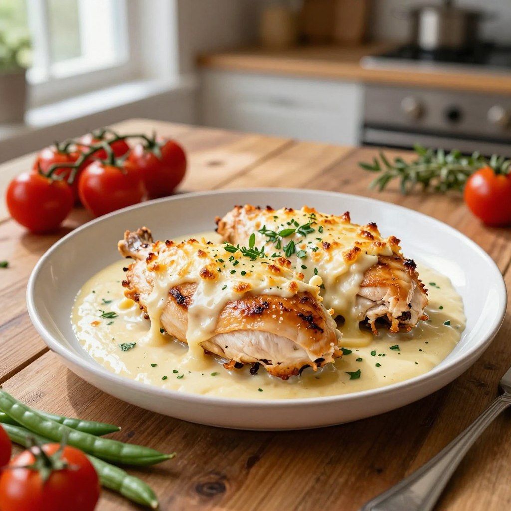 A close-up shot of a beautifully plated dish of "poulet au vin blanc gratiné." The chicken escalopes are perfectly golden brown, covered in a rich, creamy white wine sauce, sprinkled with fresh herbs and a crispy layer of melted cheese on top. The plate is set on a rustic wooden table, surrounded by vibrant fresh vegetables like cherry tomatoes and green beans, adding color to the scene. Natural light streams in from a nearby window, creating soft shadows and enhancing the textures of the food. In the background, a cozy kitchen ambiance is evident with subtle hints of kitchenware and herbs, evoking a warm, inviting atmosphere ideal for a comforting meal.
