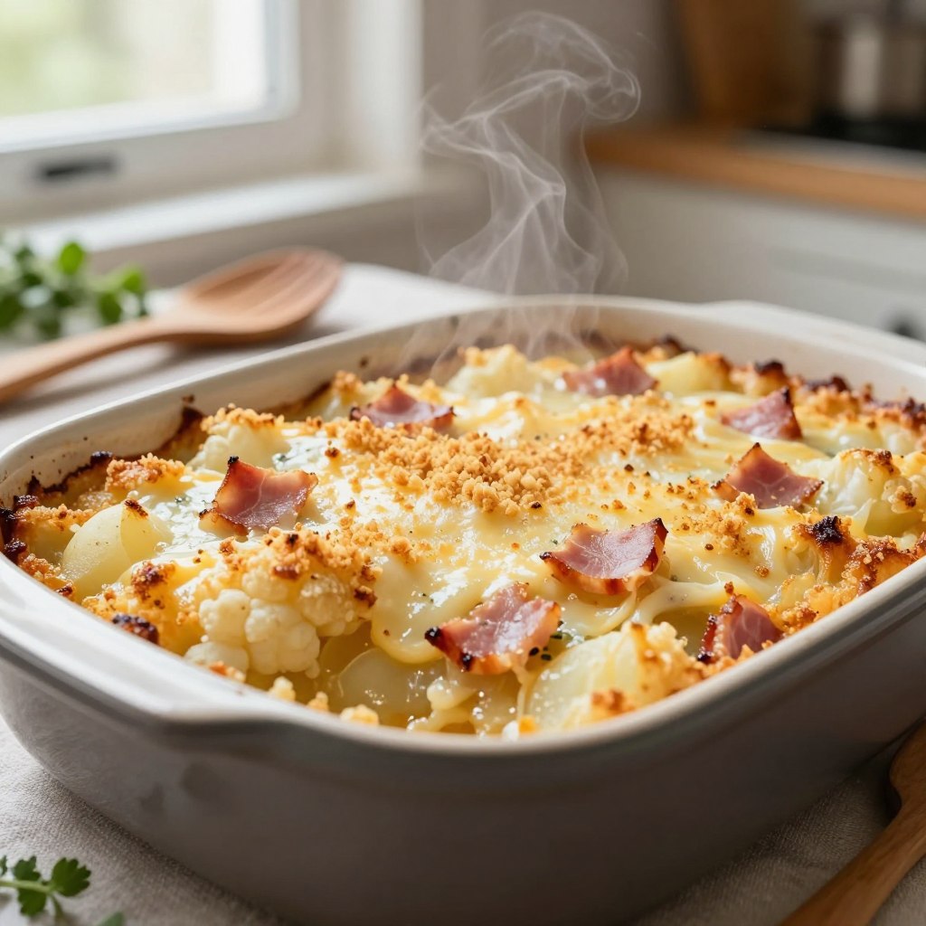 A close-up, ultra-realistic image of a comforting cauliflower and potato gratin, featuring layers of creamy cheese, tender ham pieces, and golden breadcrumbs baked to perfection. The gratin is served in a rustic ceramic baking dish, with steam gently rising, showcasing its inviting texture and warmth. The foreground focuses on the dish, highlighting the bubbling cheese and crispy top layer. In the background, a cozy kitchen setting is visible, softly lit with natural light filtering through a window, creating a warm, inviting atmosphere. Arrange the scene to include wooden utensils and fresh herbs scattered nearby, enhancing the home-cooked feel.