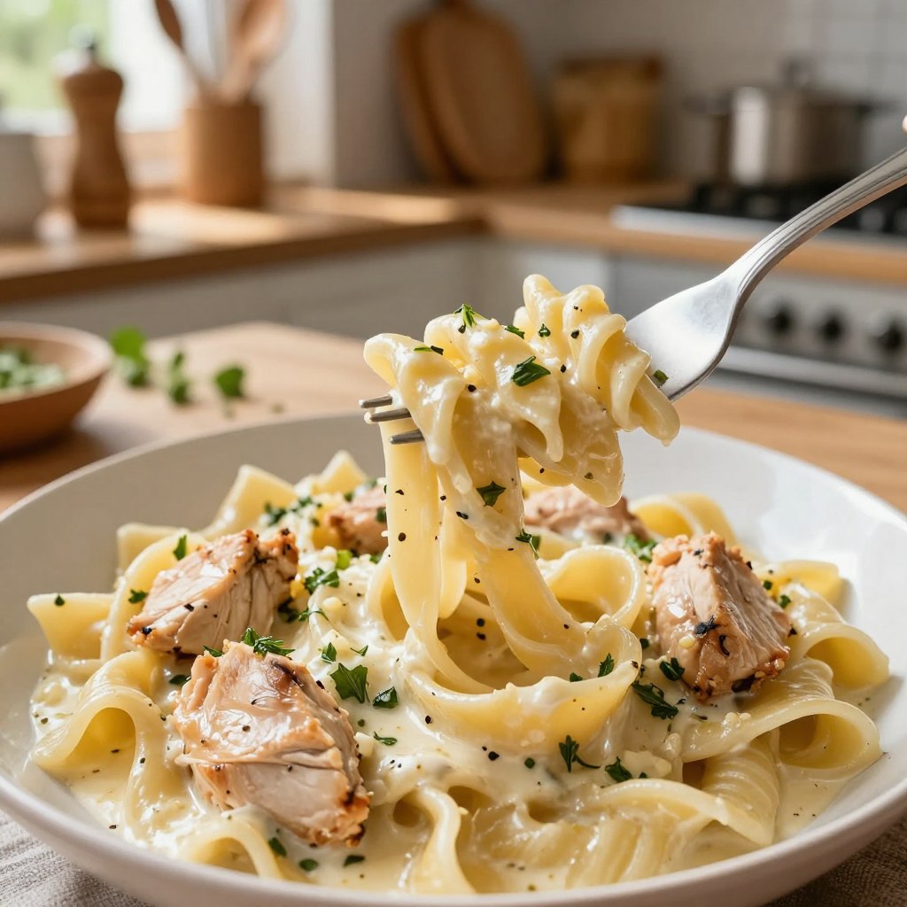 A close-up, ultra-realistic photograph of a creamy tagliatelle dish with tender chicken pieces, drizzled in a rich garlic and herb cheese sauce. The pasta is elegantly twisted onto a fork, showcasing its smooth texture and the interplay of light reflecting off the creamy sauce. In the background, a cozy kitchen setting is softly lit with natural sunlight streaming in, highlighting rustic wooden kitchenware and fresh herbs scattered casually on the counter. The atmosphere feels warm and inviting, evoking a sense of comfort and homeliness, perfect for a quick yet delightful meal. Authentic textures of the food contrast beautifully with the kitchen surroundings, creating an appetizing visual appeal.