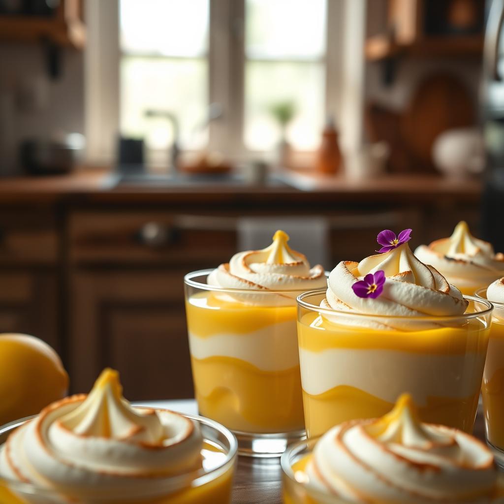 A stunning ultra-realistic close-up of "tarte au citron meringuée en verrines" elegantly presented in glass dessert cups. The foreground features layers of creamy lemon curd and fluffy toasted meringue, with delicate swirls and a bright yellow hue that catches the light. Small, fresh lemon zest and edible flowers garnish the tops, adding vibrant color. In the middle, a soft focus showcases a cozy kitchen setting with rustic wooden countertops, soft natural lighting streaming through a nearby window highlighting the textures of the Verrines. The background is blurred slightly to maintain attention on the dessert. The atmosphere is warm and inviting, evoking the comfort of homemade cuisine.