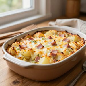 Gratin réconfortant de chou-fleur, pommes de terre, fromage et jambon