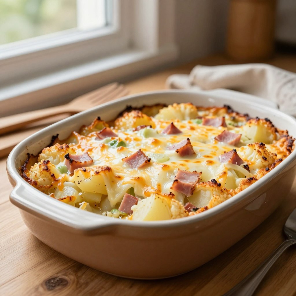 Gratin réconfortant de chou-fleur, pommes de terre, fromage et jambon