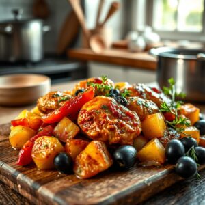 Poulet aux poivrons, pommes de terre, oignons et olives