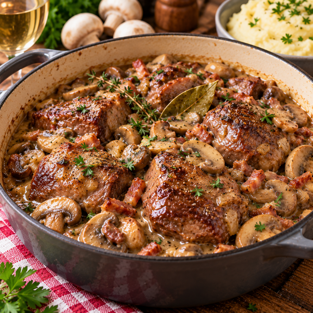 Joues de porc confites aux champignons et vin blanc