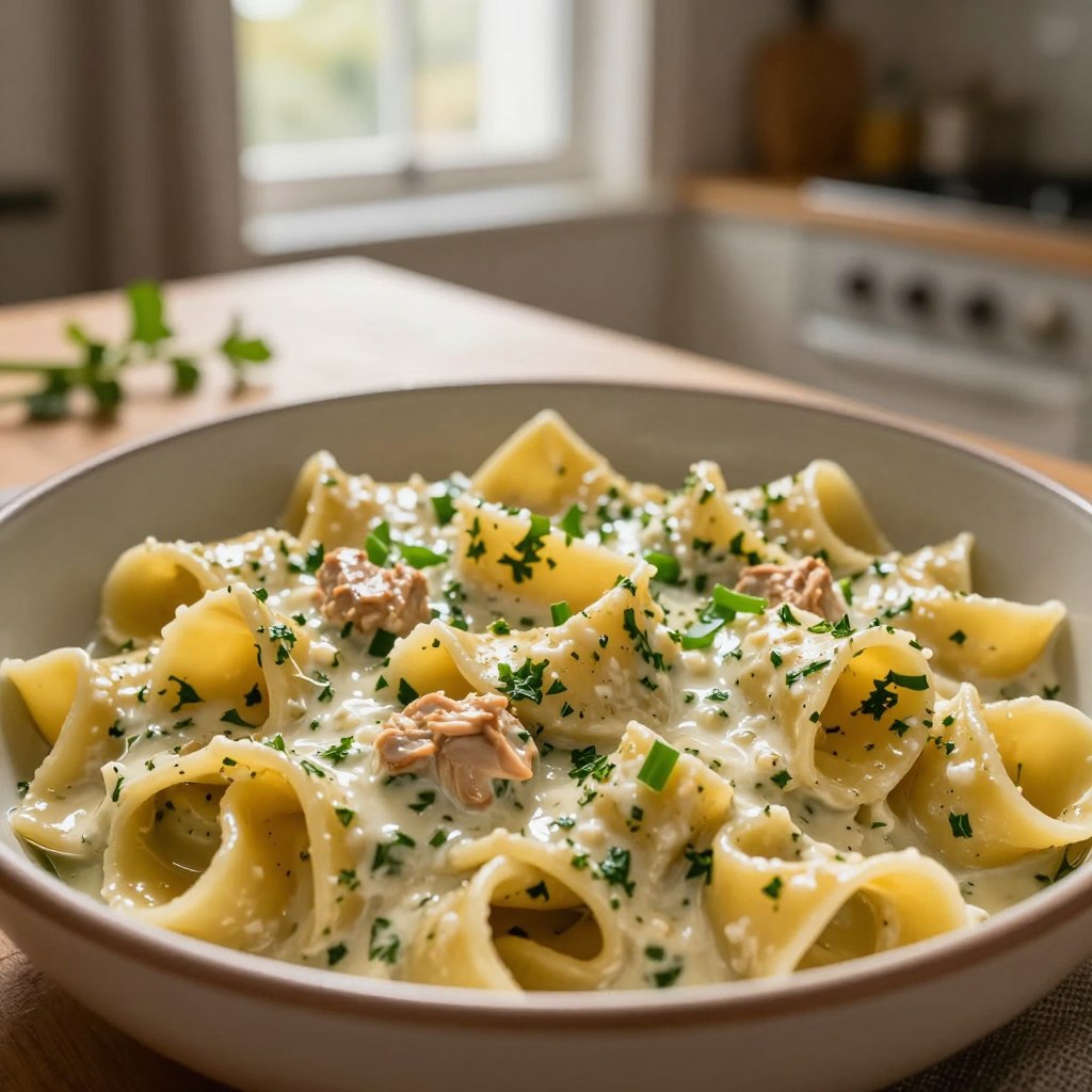 Tagliatelles au poulet et sauce au fromage ail et fines herbes