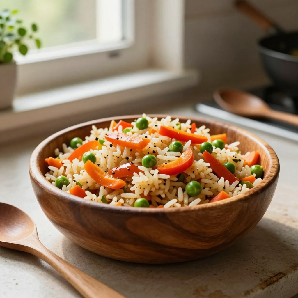 Ultra-realistic close-up image of sautéed rice in a cozy kitchen setting, featuring colorful vegetables like bell peppers, carrots, and peas mixed into the rice, showcasing vibrant textures and natural colors. In the foreground, a rustic wooden bowl filled with the sautéed rice sits on a well-worn countertop, with a wooden spoon resting beside it. Soft, natural light streams through a window, creating warm highlights and gentle shadows that enhance the authentic look of the dish. The background hints at a homey kitchen atmosphere with vintage utensils and a hint of greenery from a potted herb plant. The overall mood is inviting and economical, emphasizing the beauty of waste-free cooking.