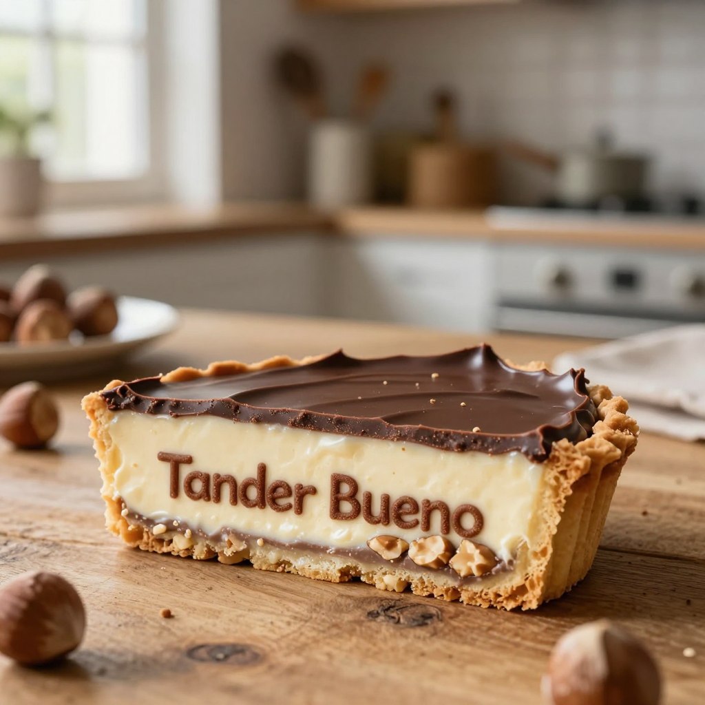 Ultra-realistic close-up of a "Tarte Kinder Bueno," showcasing its rich layers of creamy white chocolate and crunchy hazelnuts. The tart is beautifully presented on a rustic wooden table, with a natural light source illuminating its glossy finish, highlighting the textures of the chocolate ganache and the delicate pastry crust. In the background, a cozy kitchen ambiance adds warmth, with soft-focus details of kitchen utensils and a window letting in bright sunlight. The mood is inviting and indulgent, perfect for enticing viewers. Capture the essence of homemade goodness and the delight this dessert promises, ensuring that every element showcases the artistry of this exquisite treat.