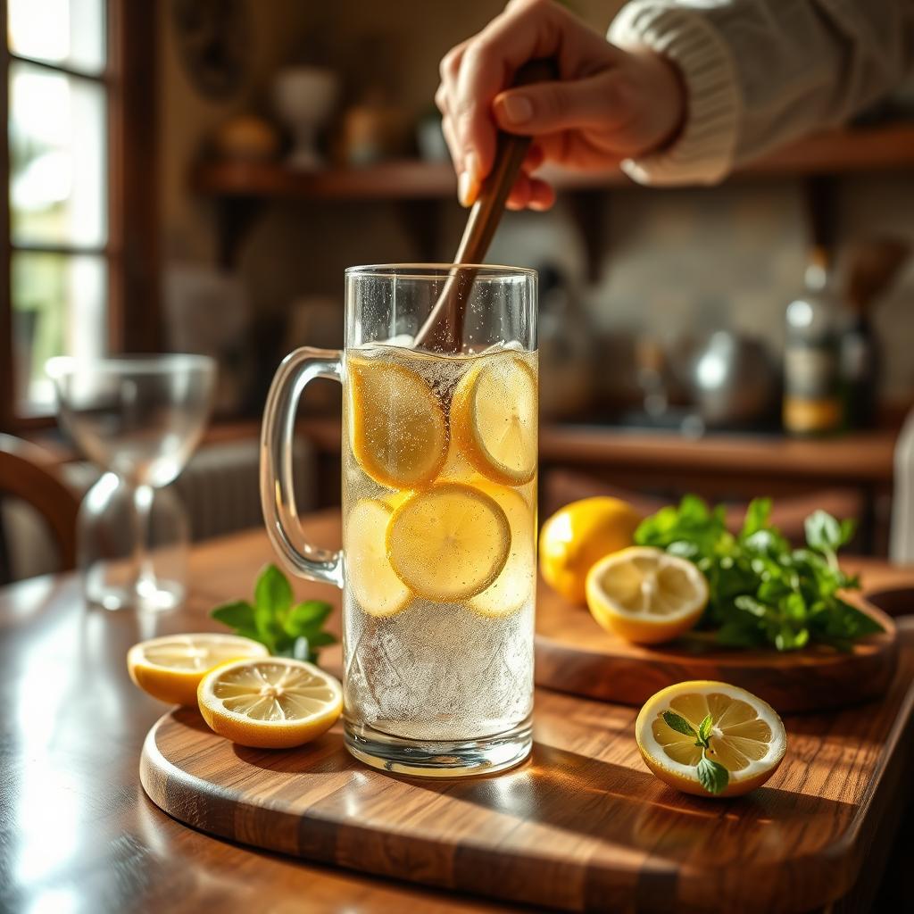 Ultra-realistic close-up of a cozy kitchen scene featuring the preparation of a festive champagne lemon punch. In the foreground, a gleaming glass pitcher filled with sparkling champagne and fresh lemon slices, with bubbles rising, casts vibrant reflections. Alongside, a polished wooden cutting board holds sliced lemons and sprigs of mint, showcasing authentic textures. In the middle, a hand in a modest casual outfit gently stirs the punch with a wooden spoon. The background is softly blurred, highlighting a warm kitchen bathed in natural light, with vintage glassware and decorative elements subtly enhancing the atmosphere. The overall mood is elegant yet inviting, capturing the art of crafting an unforgettable punch.