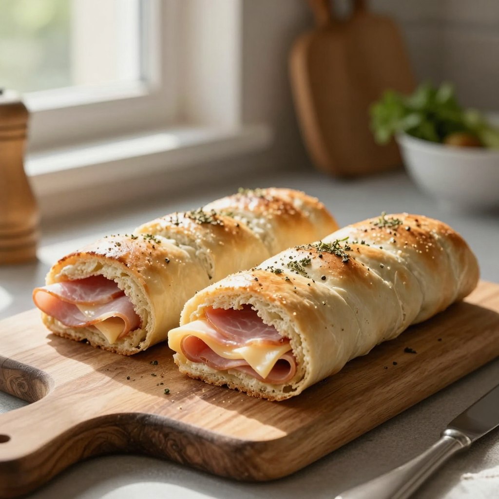 Ultra-realistic close-up of freshly made "rouleaux de pain de mie" filled with layers of ham and cheese, elegantly rolled and presented on a rustic wooden cutting board. The rolls are adorned with a sprinkle of herbs, showcasing their inviting texture and freshness. Soft, natural light filters through a nearby window, casting gentle shadows that enhance the cozy atmosphere of a warmly decorated kitchen. In the background, slightly blurred kitchen utensils and a bowl of fresh ingredients hint at a homemade touch. The image conveys a sense of comfort and nostalgia, evoking the delight of enjoying this classic dish. No text, watermarks, or logos.