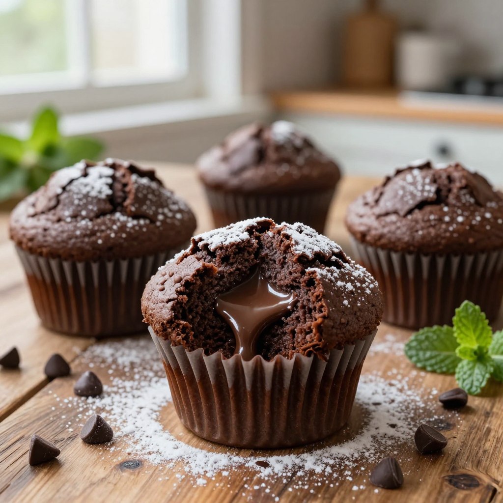 Ultra-realistic close-up photo of rich, decadent chocolate muffins with a melting chocolate center, showcasing their fluffy texture and shiny, slightly cracked tops. The muffins are presented on a rustic wooden table, surrounded by scattered chocolate chips and a dusting of powdered sugar for an inviting touch. Soft, natural light filters through a cozy kitchen window, creating a warm and inviting atmosphere. In the background, hints of vintage kitchenware and a few sprigs of fresh mint add a touch of color and life without overshadowing the main subject. The photo captures the essence of homemade comfort food, emphasizing the allure and indulgence of these delicious chocolate muffins, perfect for any dessert lover.