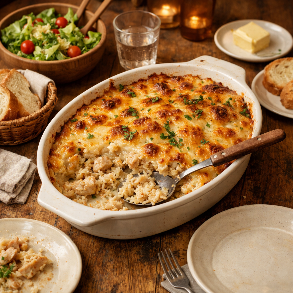 Gratin de riz au poulet et légumes