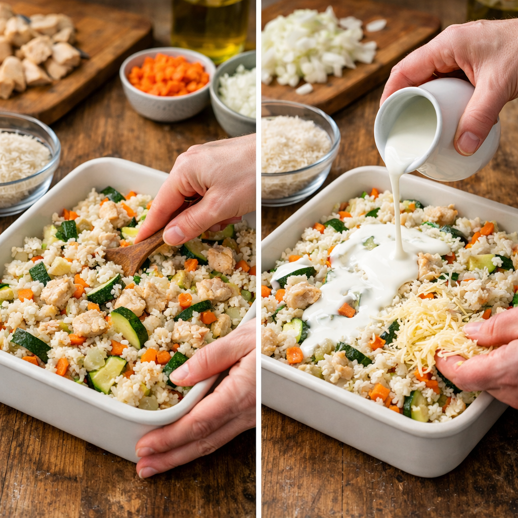 Gratin de riz au poulet et légumes