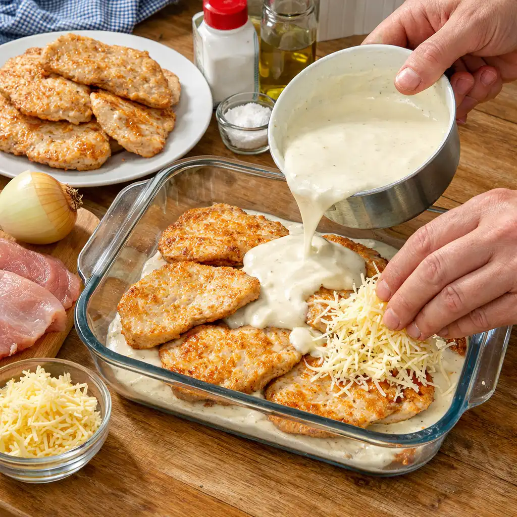 A cozy homemade cooking scene featuring a beautifully plated escalope de dinde au fromage gratiné, served on a rustic wooden kitchen table. The dish is golden-brown, with melted cheese bubbling invitingly over the turkey cutlet, garnished with fresh herbs. In the foreground, there are colorful side dishes like roasted vegetables and a light salad, enhancing the appetizing aesthetic. In the background, soft, warm kitchen lighting creates a welcoming atmosphere, with pots and pans hanging on the wall and a window showing soft sunlight streaming through, suggesting a serene afternoon cooking experience. The image captures a feeling of comfort and indulgence, making it a perfect visual representation of this heartfelt dish. Escalope de dinde au fromage gratiné