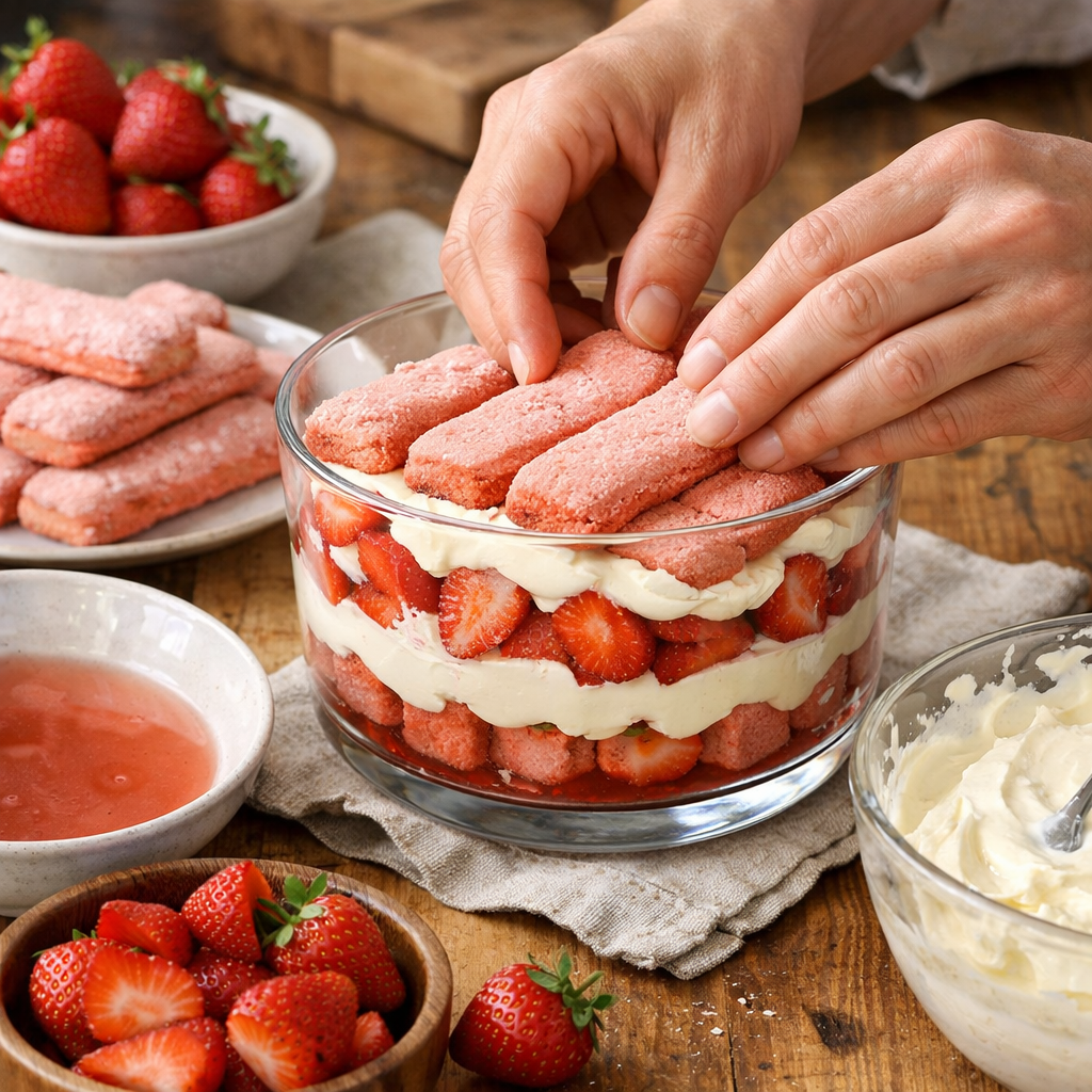 Tiramisu aux fraises et biscuits roses de Reims