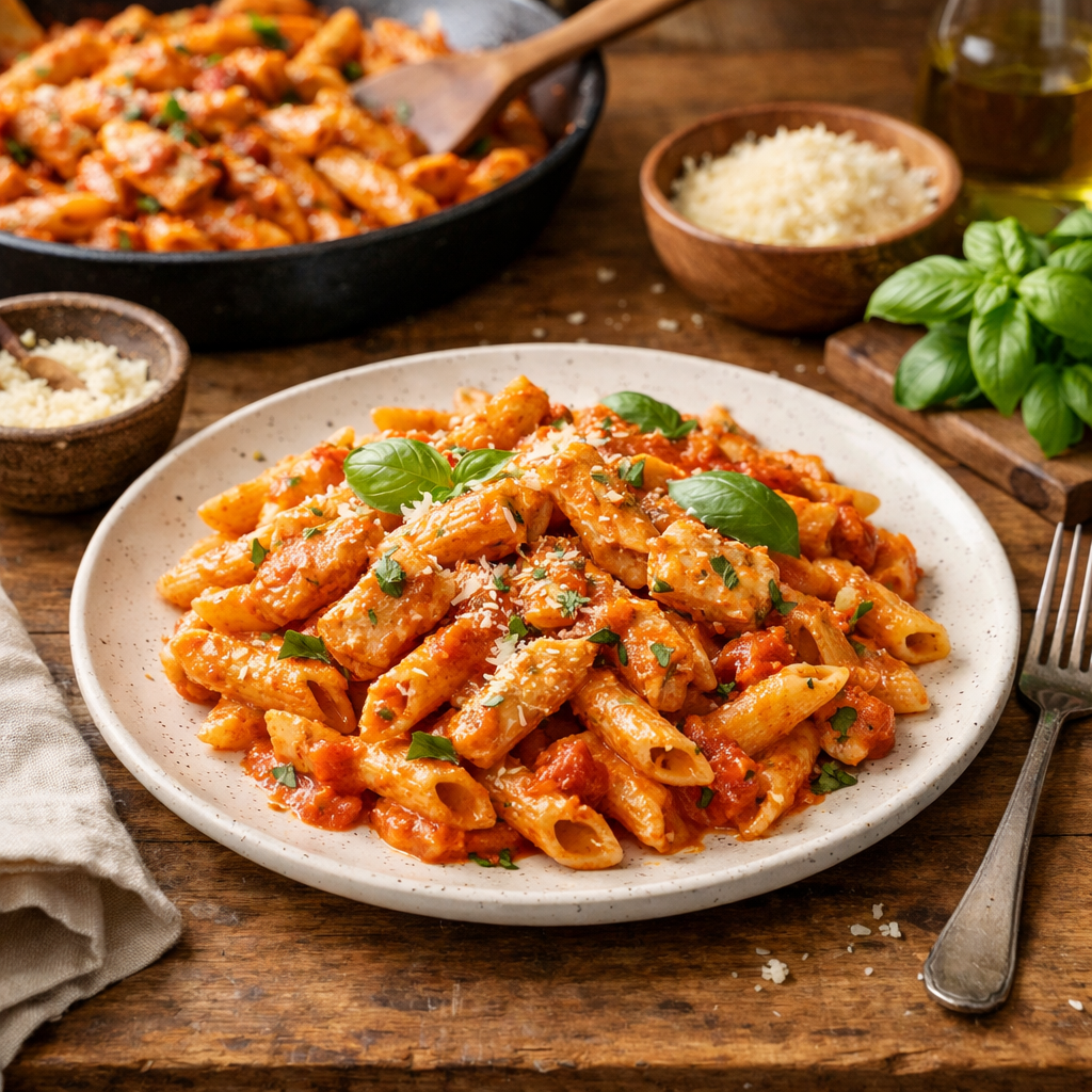 Pâtes au poulet et sauce tomate crémeuse
