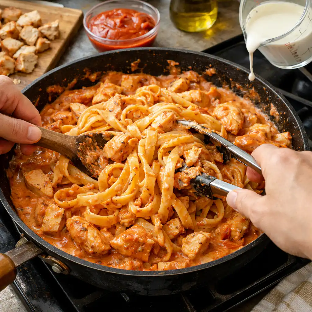 A cozy homemade cooking scene featuring a delicious plate of creamy tomato sauce pasta with chicken, beautifully presented on a rustic wooden kitchen table. In the foreground, the pasta is generously coated in a rich, vibrant tomato cream sauce, with tender pieces of chicken artfully arranged on top. Fresh basil leaves are sprinkled for color, and a sprinkle of grated parmesan cheese adds texture. Surrounding the plate, there are various cooking ingredients like garlic, tomatoes, and olive oil, evoking a sense of warmth and comfort. Soft, natural light from a nearby window casts gentle shadows, enhancing the inviting atmosphere. The background is softly blurred, showcasing rustic kitchen decor, such as hanging herbs and vintage cookware, to emphasize a homey, welcoming feel. Pâtes au poulet et sauce tomate crémeuse
