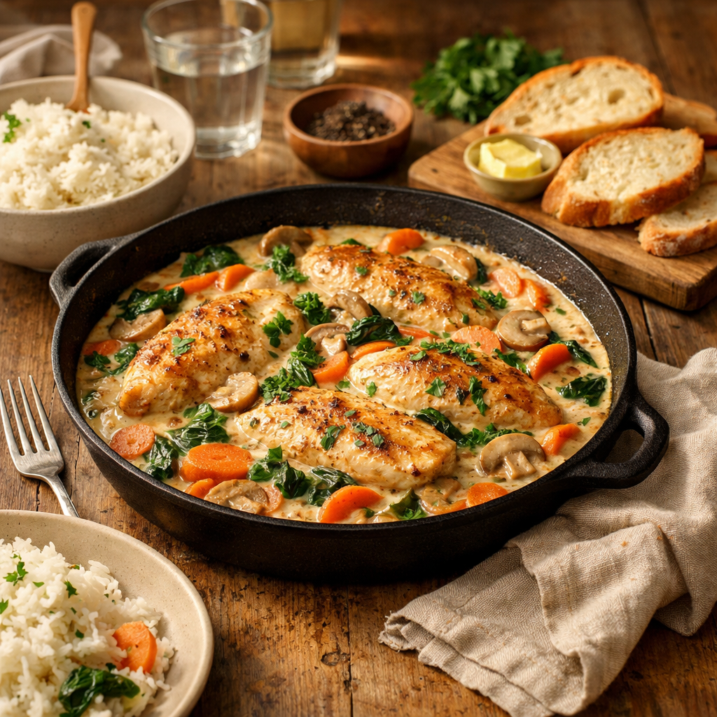 Poêlée de légumes et poulet crémeux