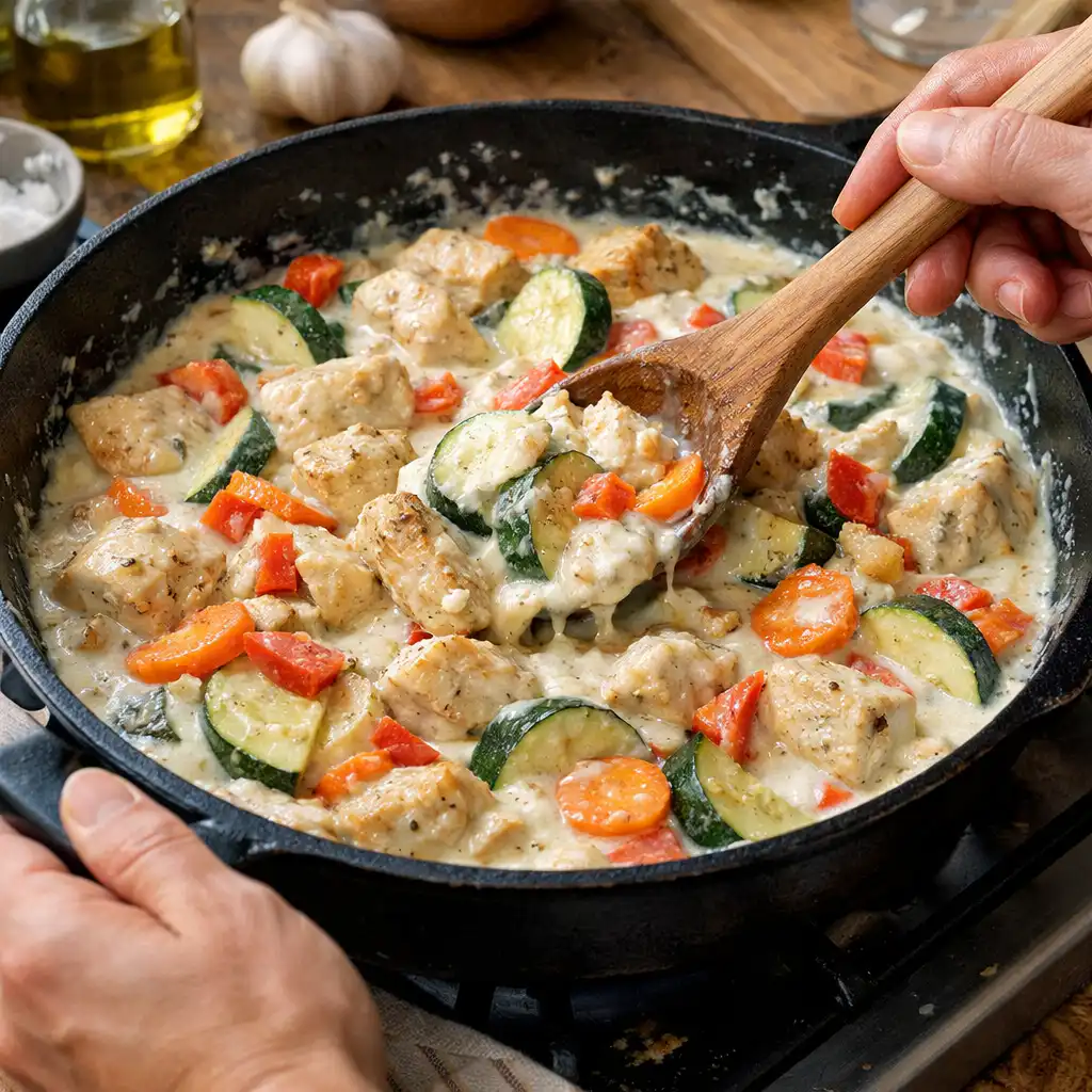A cozy homemade cooking scene featuring a delicious poêlée de légumes et poulet crémeux served in a rustic ceramic bowl on a weathered wooden kitchen table. In the foreground, vibrant vegetables such as bell peppers, zucchini, and cherry tomatoes are beautifully sautéed alongside tender chicken pieces, all coated in a creamy sauce. The middle ground includes an inviting set of wooden utensils and fresh herbs scattered around. Soft, warm lighting bathes the scene, enhancing the appetizing colors and textures, while a blurred background reveals shelves filled with spices and cookbooks, creating a homey atmosphere. Captured with a shallow depth of field, the image conveys a sense of warmth and comfort, perfect for illustrating a quick and balanced meal. Poêlée de légumes et poulet crémeux