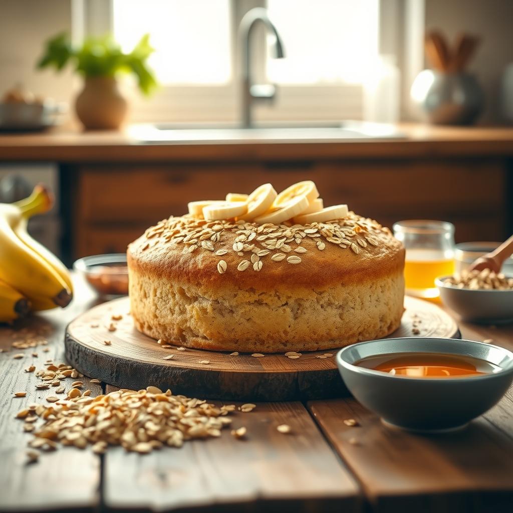 A cozy homemade cooking scene featuring a healthy banana and oatmeal cake displayed on a rustic wooden table. The cake is light and fluffy, topped with fresh slices of banana and a sprinkle of oats. Surrounding the cake, there are natural ingredients such as rolled oats, ripe bananas, and a bowl of honey, emphasizing the wholesome nature of the recipe. In the background, soft, diffused sunlight streams through a kitchen window, creating a warm and inviting atmosphere. The lens captures the scene with a slight depth of field, focusing on the cake while softly blurring the kitchen elements behind it. This image conveys a sense of comfort and health, perfect for highlighting the nutritional benefits of the ingredients.